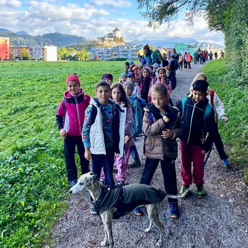 Kinder mit Hund am Wanderweg